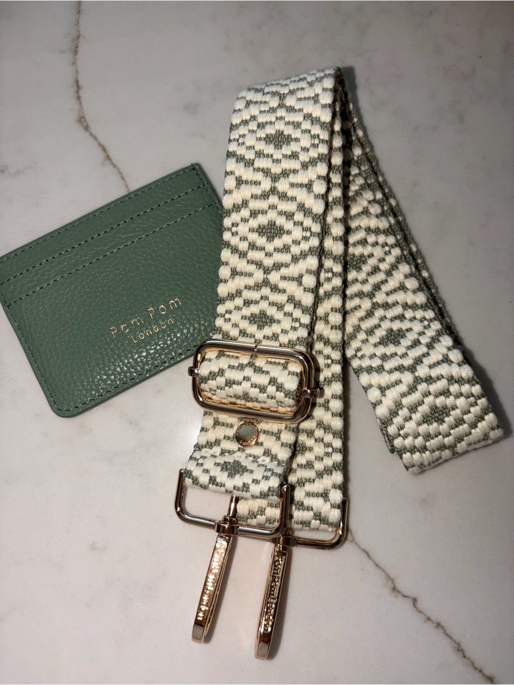Pom Pom London soft green crossbody guitar strap for purse bag  + coin case